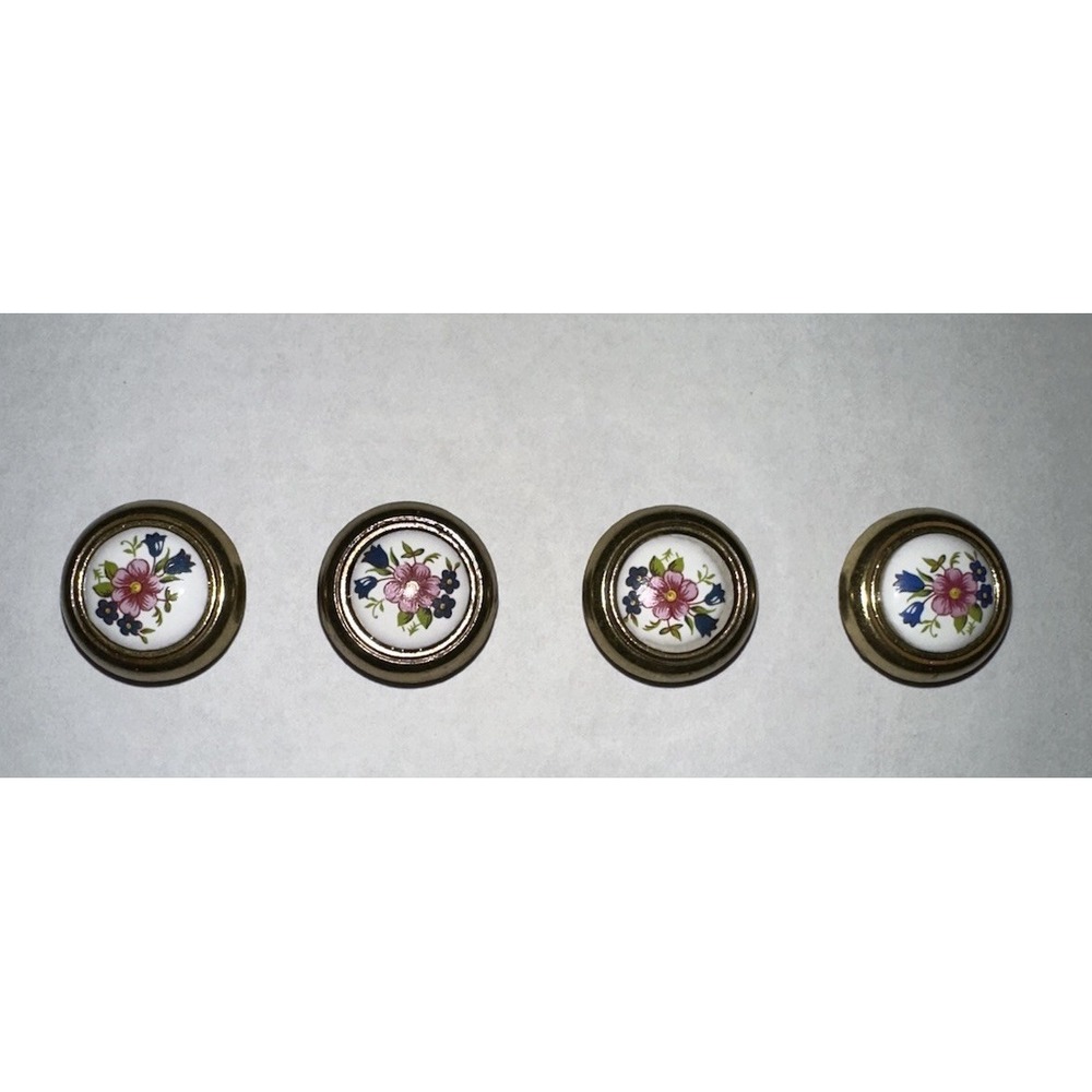 Vintage Floral Ceramic Brass Knobs 4 Count
